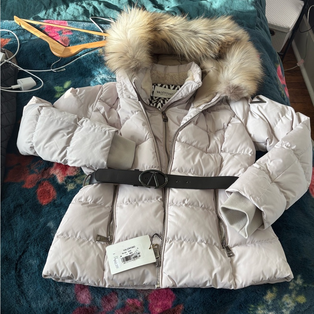 Valentino Cream Puffer Jacket with Fur Hood